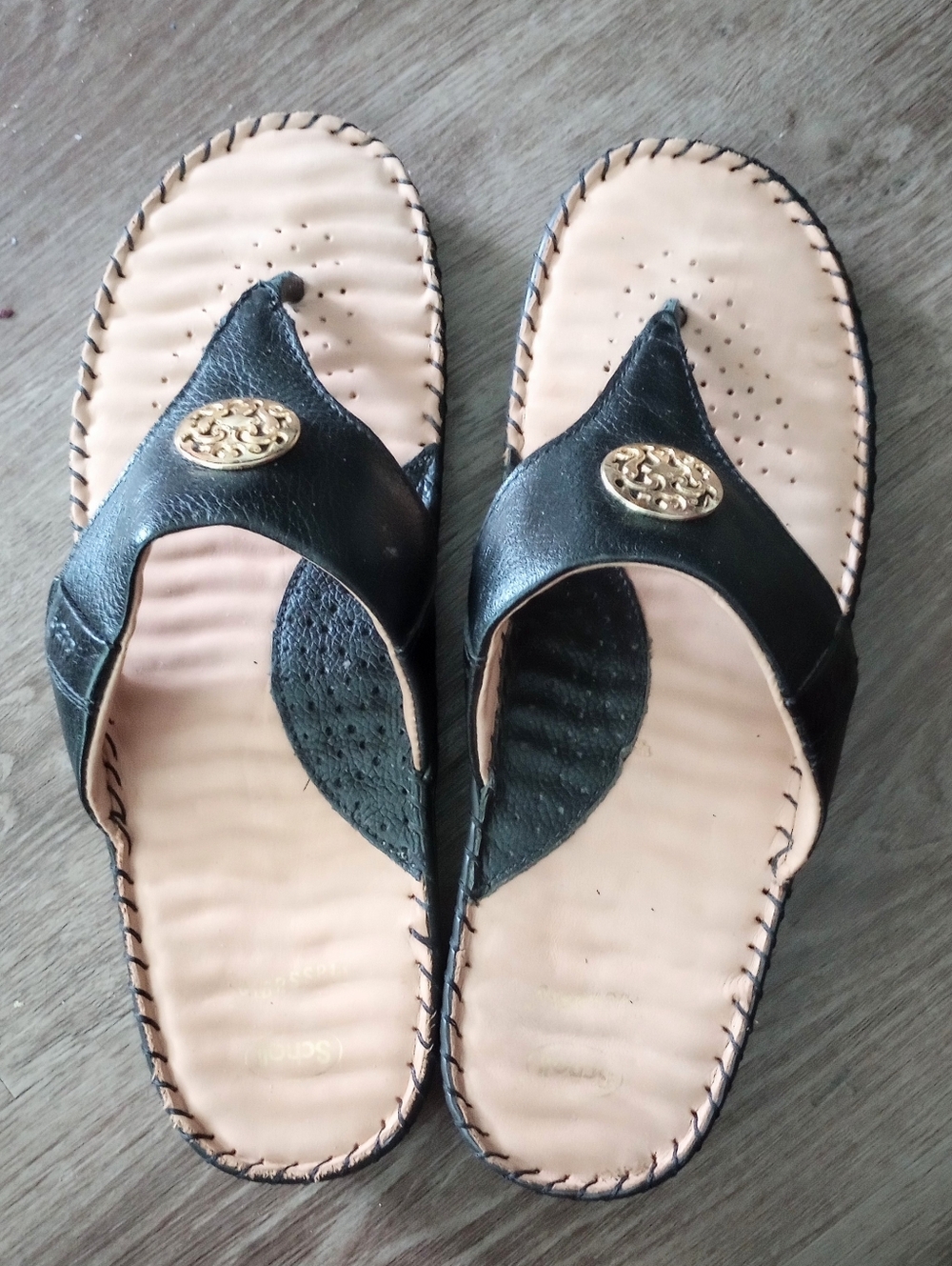 Black and Beige Leather Sandals,Gold Accent By Scholl, Massagio, Size 7